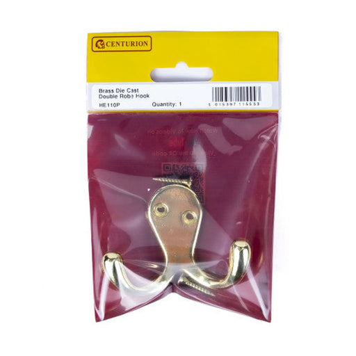70mm Die Cast Double Robe Hook - Brass - Pack Qty 1 - Pack of 5
