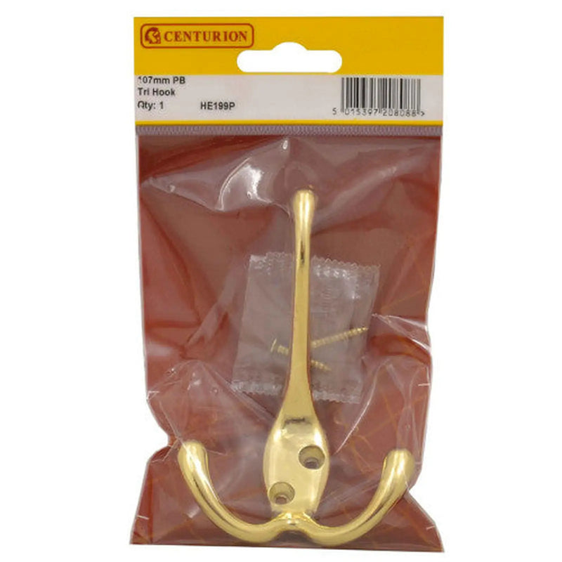 107mm Die Cast Hat & Coat Tri Hook - Polished Brass - Pack Qty 1 - Pack of 5