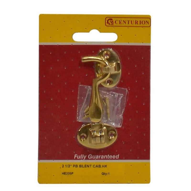 Silent Pattern Brass Cabin Hooks, Polished Brass, 65mm - Pack of 5