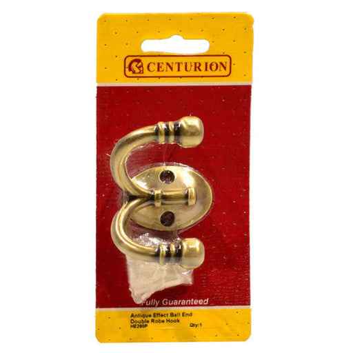 Ball End Double Robe Hook - Antique Brass - Pack Qty 1 - Pack of 5