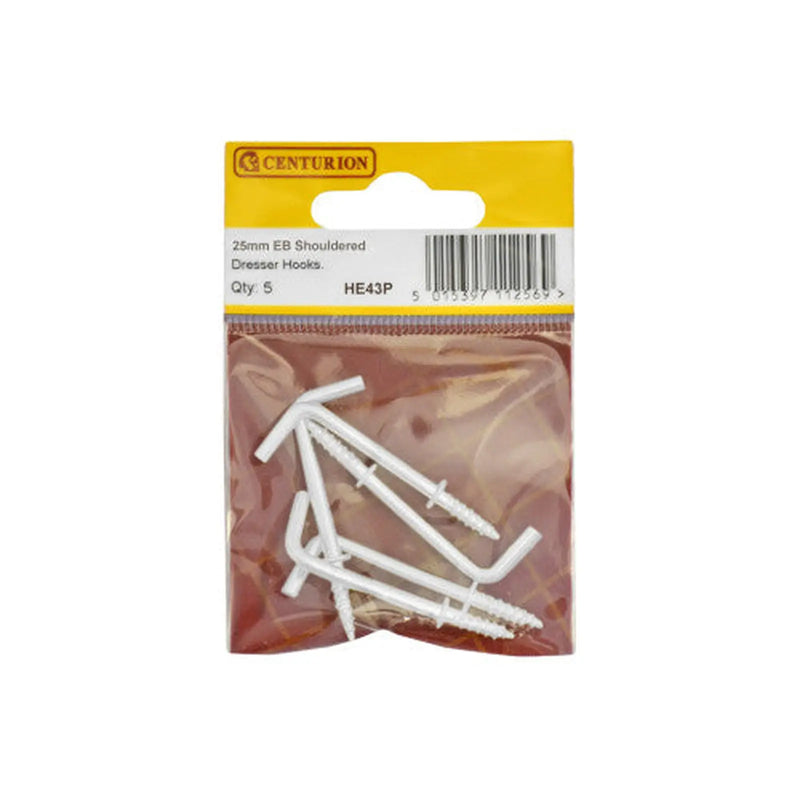 25mm White PVC Shouldered Dresser Hooks (Pack of 5)