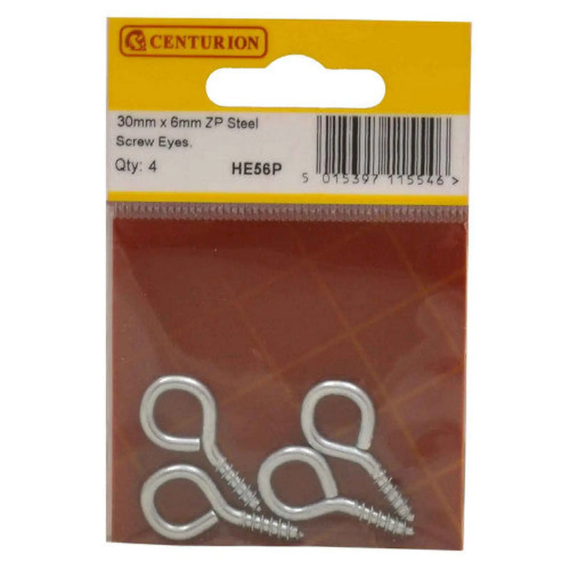 Steel Screw Eyes - Zinc Plated - 30mm x 3mm - (Pack of 4) - Pack of 5