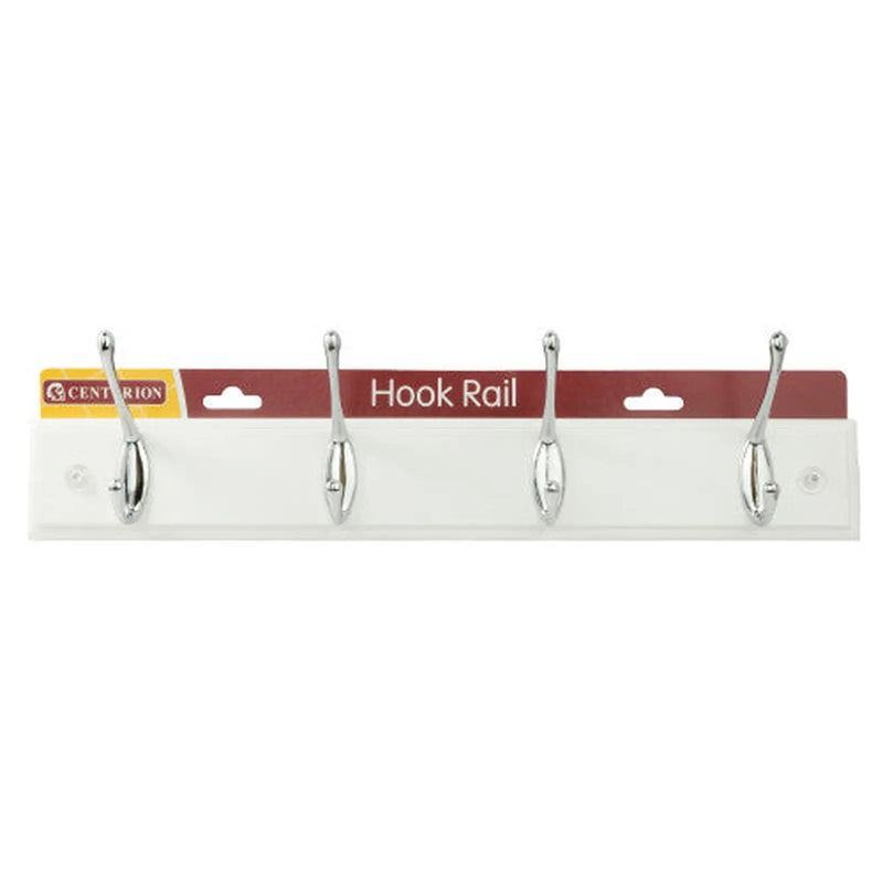 4 Hook Standard Hook Rail - Chrome Plated Hooks - Solid White Board - Pack of 3