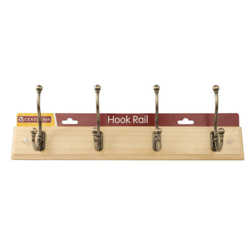 4 Ball End Traditional Hook Rail - Antique Brass Hooks - Pine Board - Pack of 3