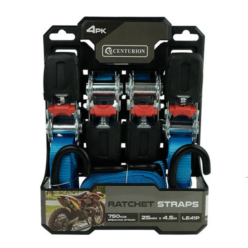 Ratchet Tie Down (Pack of 4) - 750kg Breaking Strength - 4.5m - Pack of 8
