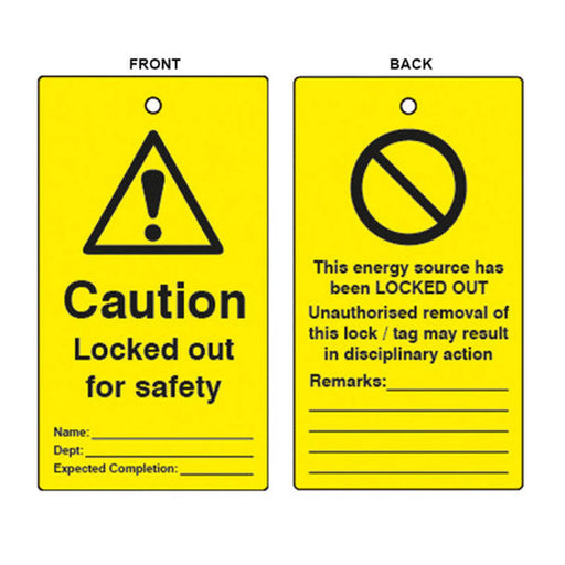 'Caution Locked Out For Safety' Lockout Tag (Double Sided, 10 Pack)