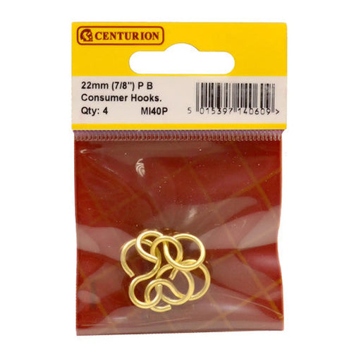 Solid Brass Consumer Hooks, Polished Brass, 22mm x 2mm - Pack of 5