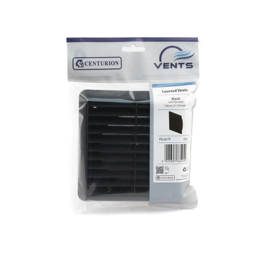 Louvred Grille with Flyscreen - Black - 100mm - Pack of 5