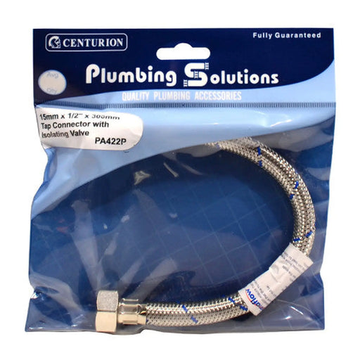 15mm x 1/2" x 300mm Tap Connector with Isolating Valve - Pack of 3
