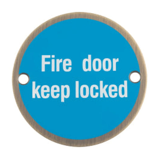 76Mm Sign - Fire Door Keep Locked - Face Fix - Antique Brass