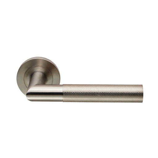 Crown Knurled Lever On Sprung Screw-On Round Rose - Satin Stainless Steel