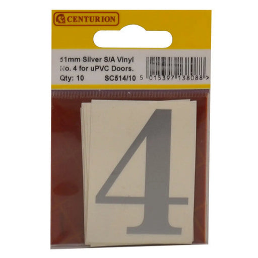 51mm Silver Traditional Oldstyle Font Vinyl Number 4   (Pack of 10) - Min Order 2
