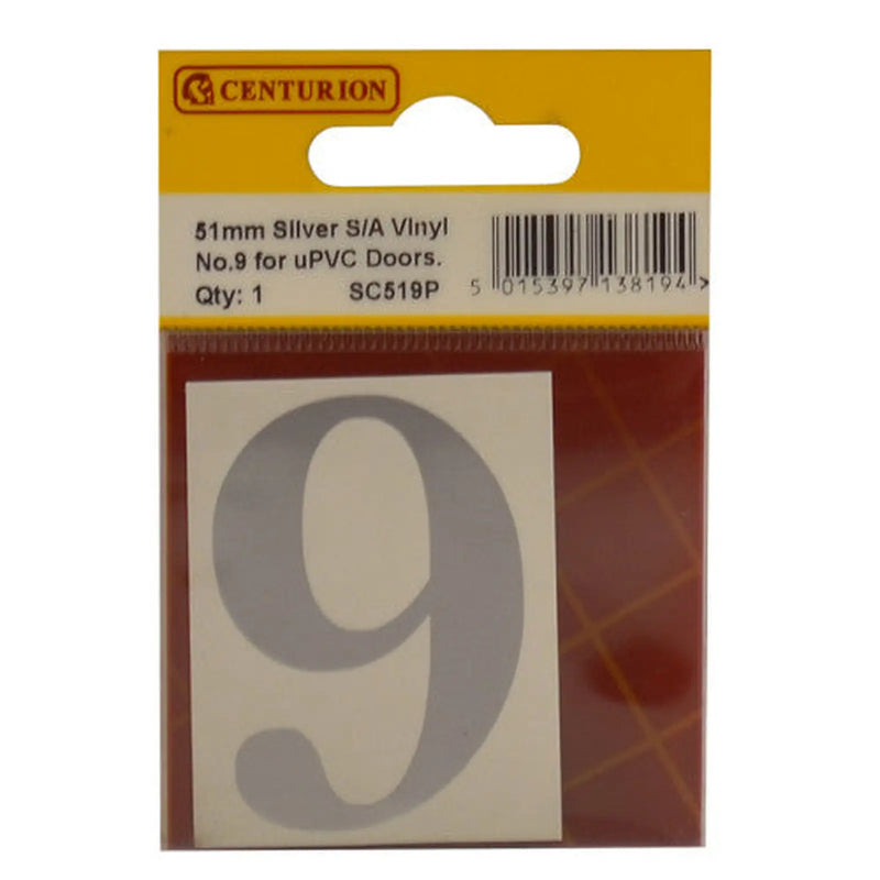 51mm Silver Traditional Oldstyle Font Vinyl Number 9 - Pack of 5