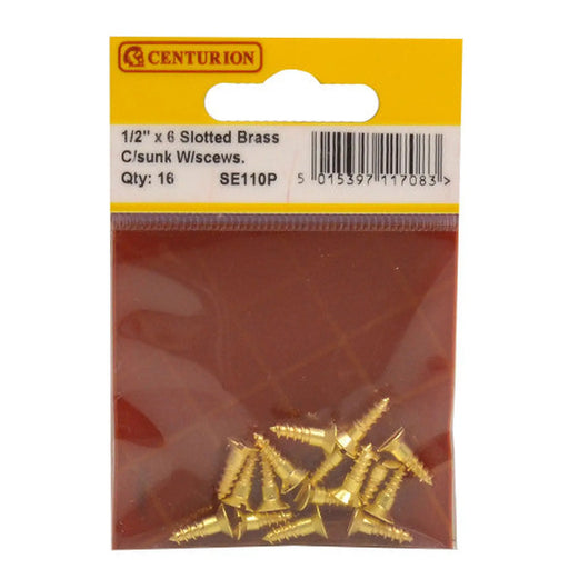 1/2" x 6 Slotted Brass Woodscrew - Countersunk Head - (Pack of 16) - Pack of 5