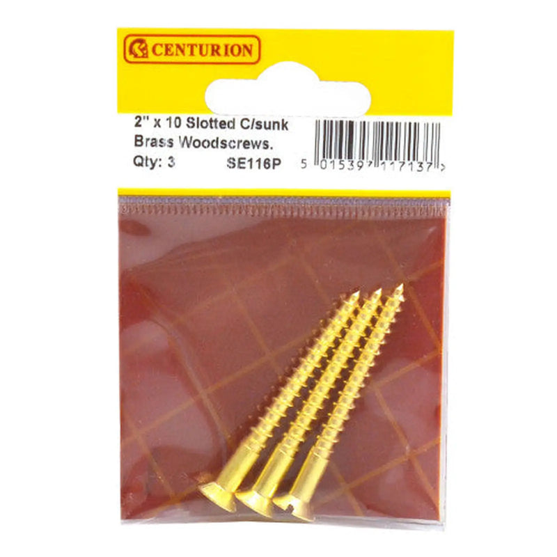 2" x 10 Slotted Brass Woodscrew - Countersunk Head - (Pack of 3) - Pack of 5