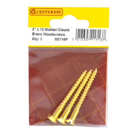 2" x 10 Slotted Brass Woodscrew - Countersunk Head - (Pack of 3) - Pack of 5