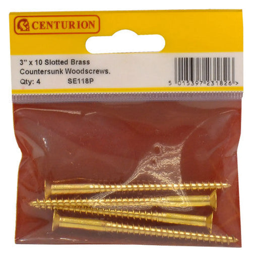 3" x 10 Slotted Brass Woodscrew - Countersunk Head - (Pack of 4) - Pack of 5