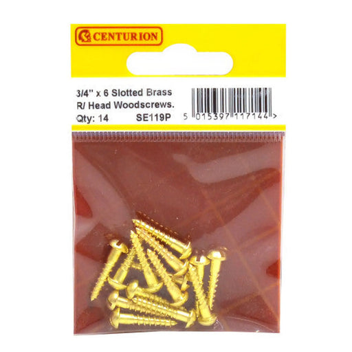 3/4" x 6 Slotted Round Head Woodscrew - Solid Brass - (Pack of 14) - Pack of 5