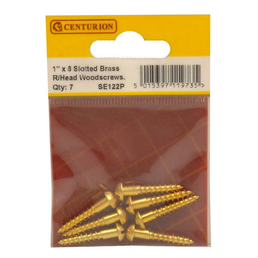 1" x 8 Slotted Round Head Woodscrew - Solid Brass - (Pack of 7) - Pack of 5