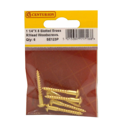 1 1/4" x 8 Slotted Round Head Woodscrew - Solid Brass - (Pack of 6) - Pack of 5