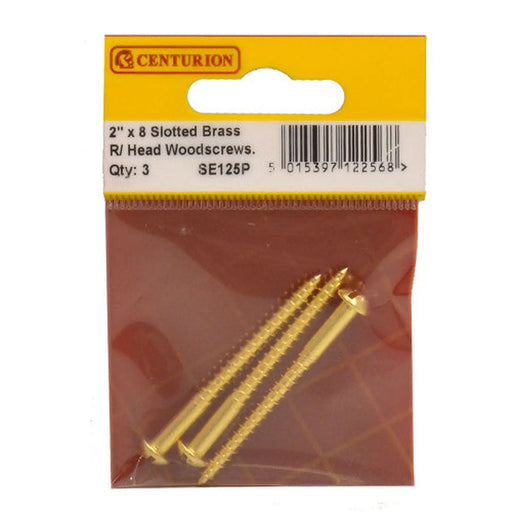 2" x 8 Slotted Round Head Woodscrew - Solid Brass - (Pack of 3) - Pack of 5