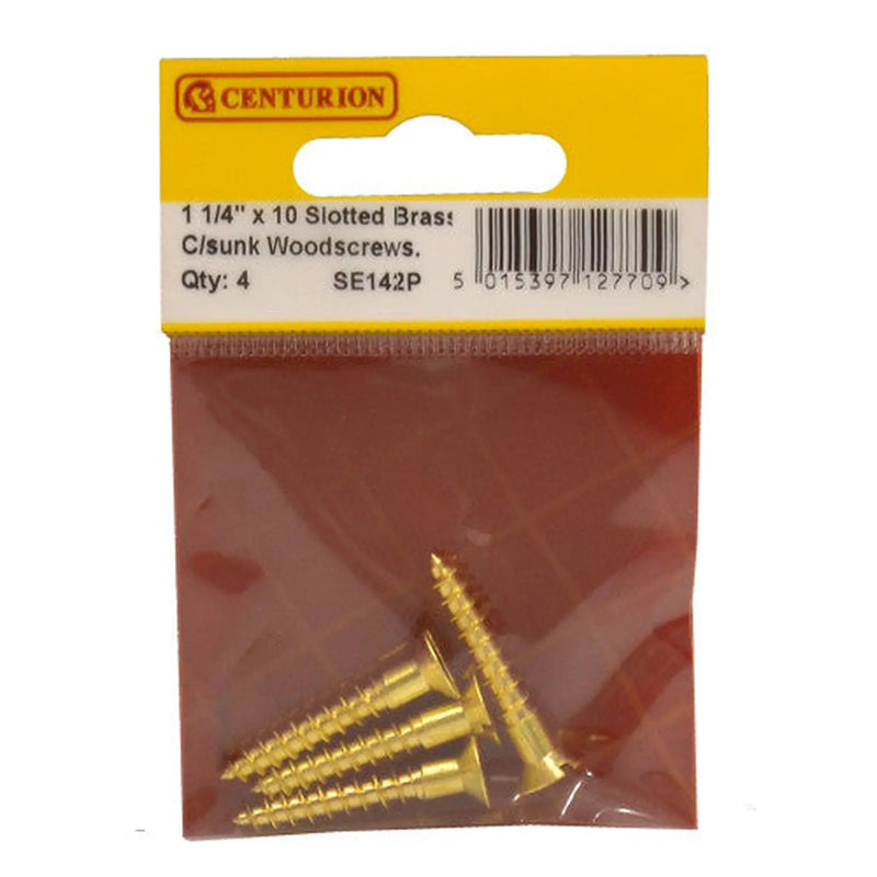 1 1/4" x 10 Slotted Brass Woodscrew - Countersunk Head - (Pack of 4) - Pack of 5