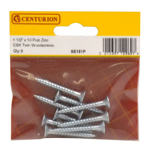 1 1/2" x 10 ZP Cross Recessed Hardened Twin Thread Woodscrews with - Pack of 5