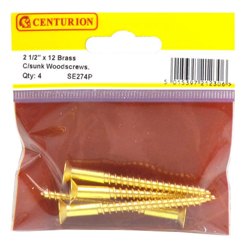 2 1/2" x 12 Slotted Brass Woodscrew - Countersunk Head - (Pack of 4) - Pack of 5
