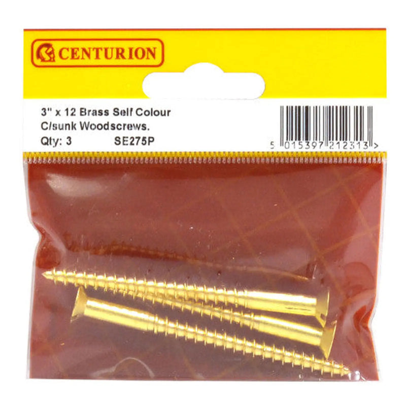 3" x 12 Slotted Brass Woodscrew - Countersunk Head - (Pack of 3) - Pack of 5