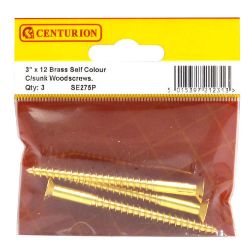3" x 12 Slotted Brass Woodscrew - Countersunk Head - (Pack of 3) - Pack of 5
