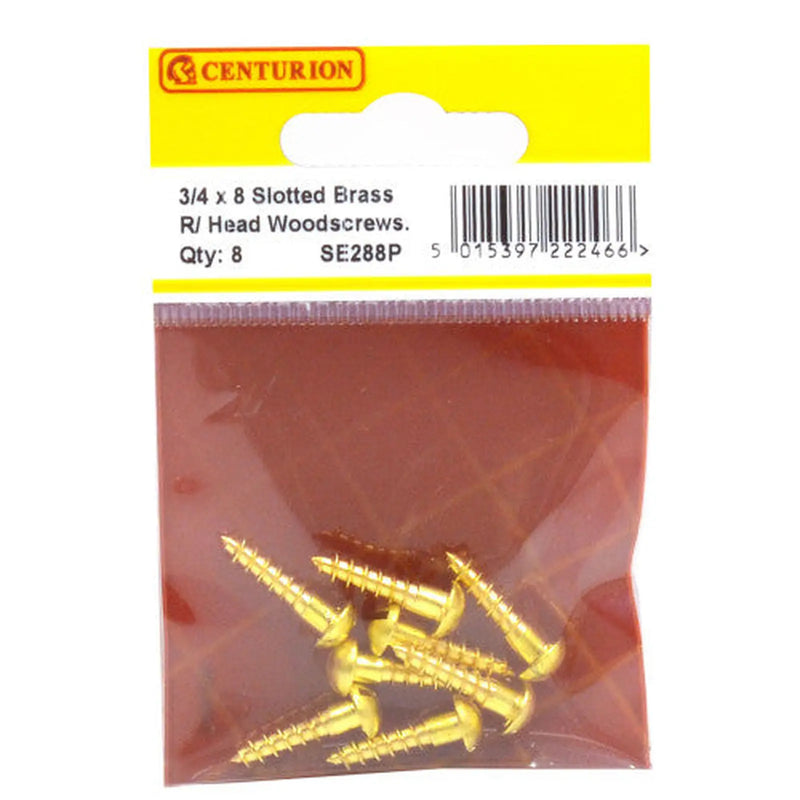 3/4" x 8 Slotted Round Head Woodscrew - Solid Brass - (Pack of 8) - Pack of 5
