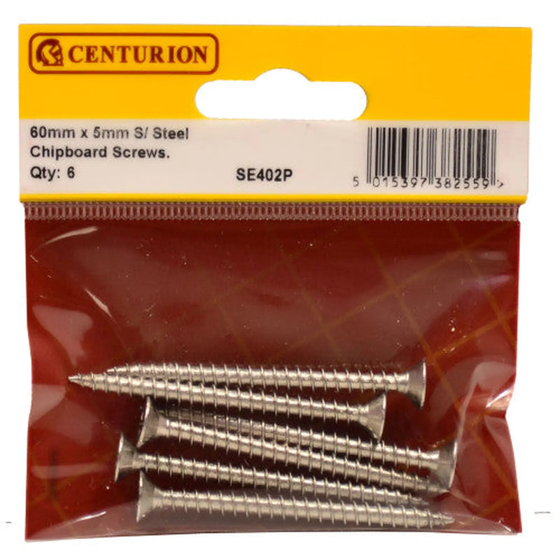 5mm x 60mm Stainless Steel Chipboard Screws CRCS Head Countersunk - Pack of 5