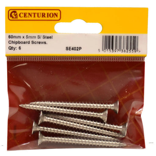 5mm x 60mm Stainless Steel Chipboard Screws CRCS Head Countersunk - Pack of 5
