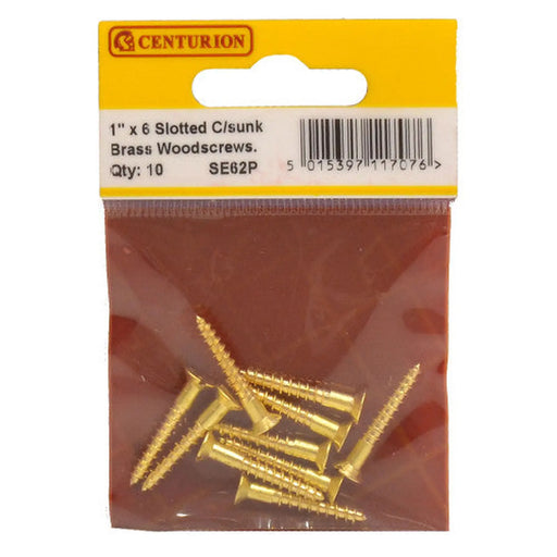1" x 6 Slotted Brass Woodscrew - Countersunk Head - (Pack of 10) - Pack of 5