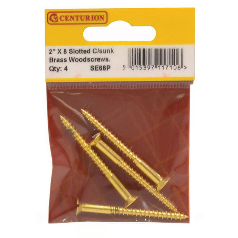 2" x 8 Slotted Brass Woodscrew - Countersunk Head - (Pack of 4) - Pack of 5