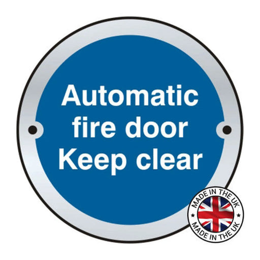 'Automatic Fire Door Keep Clear' Fire Door Disc, Satin Aluminium, 75mm - Min Order 2