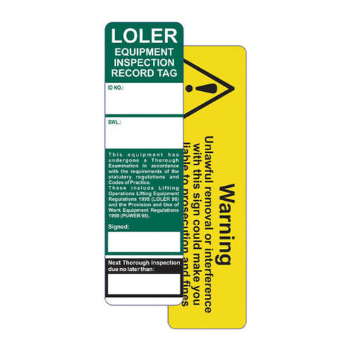 'LOLER (Lifting Operations and Lifting Equipment Regulations)' Tag Insert (Single) - Min Order 6