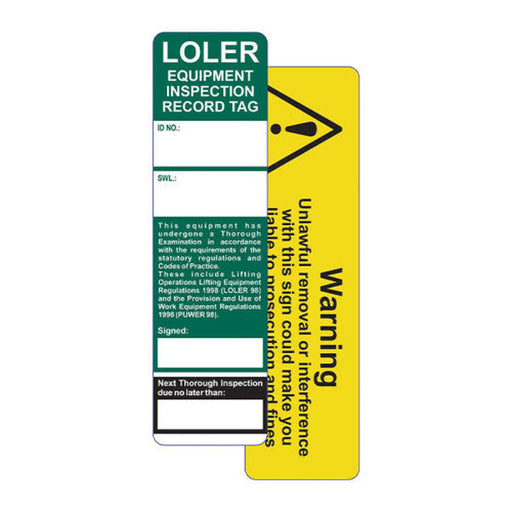'LOLER (Lifting Operations and Lifting Equipment Regulations)' Tag Insert (Pack of 50)