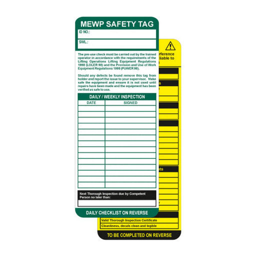 'MEWP (Mobile Elevating Work Platforms)' Tag Insert (Pack of 50)