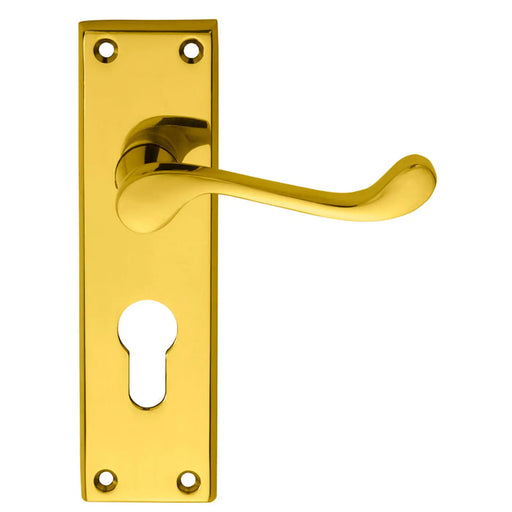 Victorian Scroll Lever On Backplate - Lock Euro Profile 47.5Mm C/C (Contract Range) - Polished Brass 155MM X 40MM