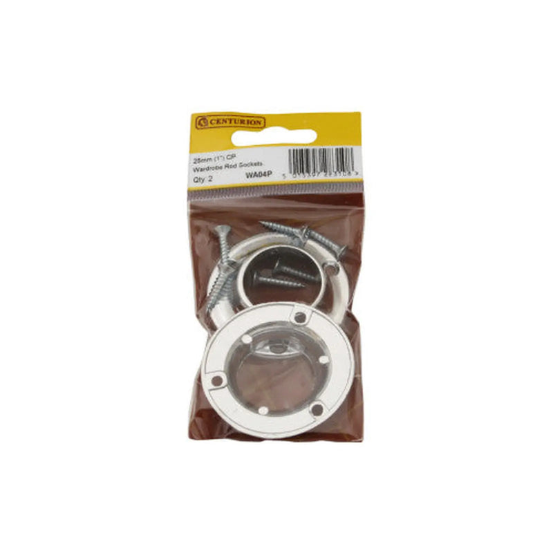 25mm (1") Wardrobe Rod Sockets - Chrome Plated - Pack of 2