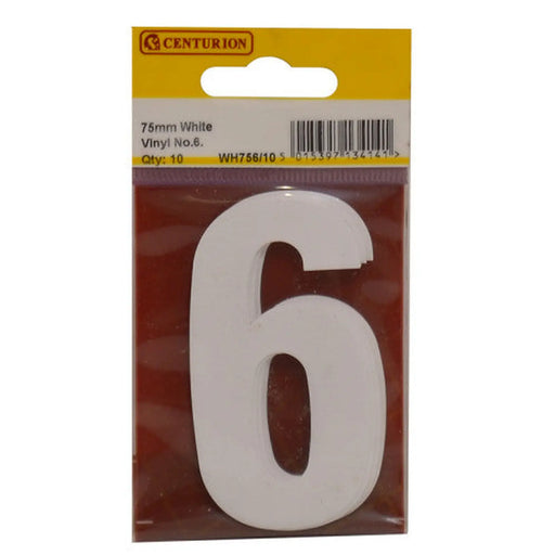75mm White Helvetica Bold Condensed Style Vinyl Number 6   (Pack of 10) - Min Order 2