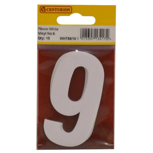 75mm White Helvetica Bold Condensed Style Vinyl Number 9   (Pack of 10) - Min Order 2