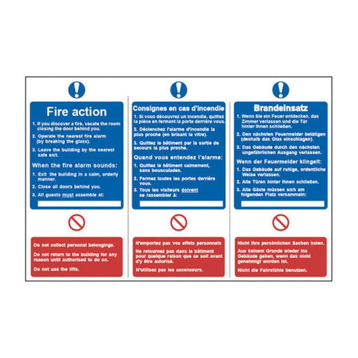 Fire action notice (English / French / German) - Self Adhesive PP (300 x 200mm) - Min Order 2