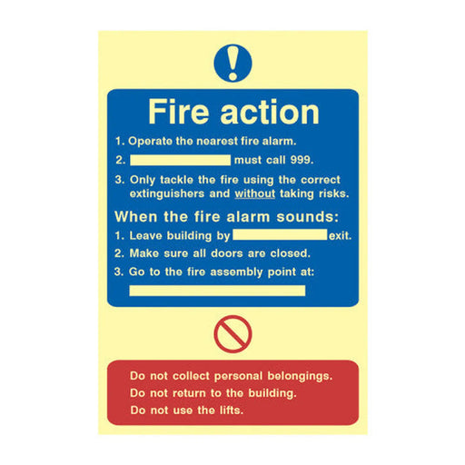 'Fire Action Procedure' Sign, 1.3mm Rigid Self Adhesive Photoluminescent (200mm x 300mm)