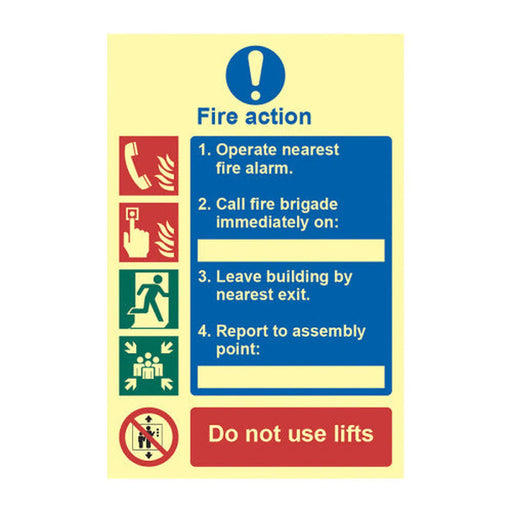 'Fire Action Procedure' Sign, 1.3mm Rigid Self Adhesive Photoluminescent (200mm x 300mm) 0202