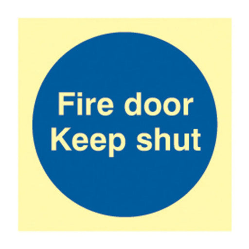 'Fire Door Keep Shut' Sign, 1.3mm Rigid Self Adhesive Photoluminescent (100mm x 100mm) - Min Order 4