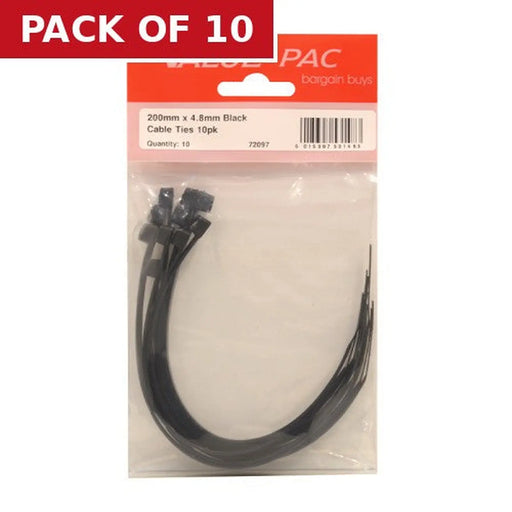200mm x 4.8mm Black Cable Ties 10pk