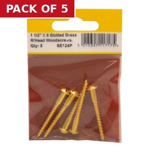 1 1/2" x 8 Slotted Round Head Woodscrew - Solid Brass - (Pack of 5)