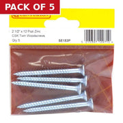 2 1/2" x 12 ZP Cross Recessed Hardened Twin Thread Woodscrews with Countersunk Head (Pack of 5)